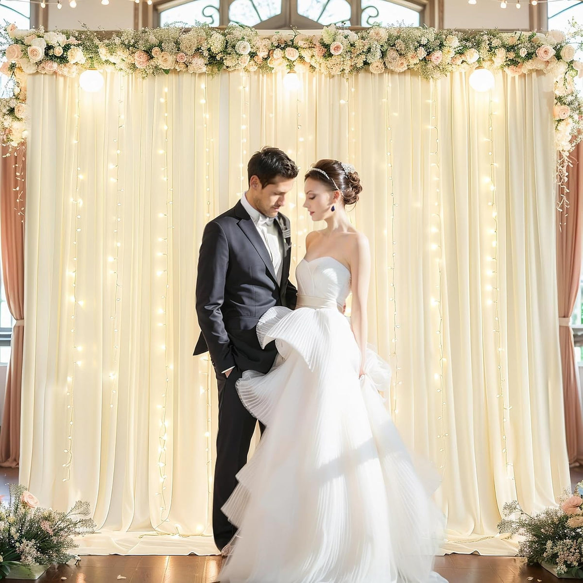 Light Champagne Backdrop Curtains with Lights String for Parties,10x10FT Wrinkle Free Wedding Photo