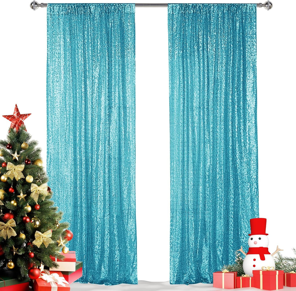 Hahuho Turquoise Sequin Backdrop Curtain, 2PCS 2FTx8FT Glitter Backdrop Curtain for Parties