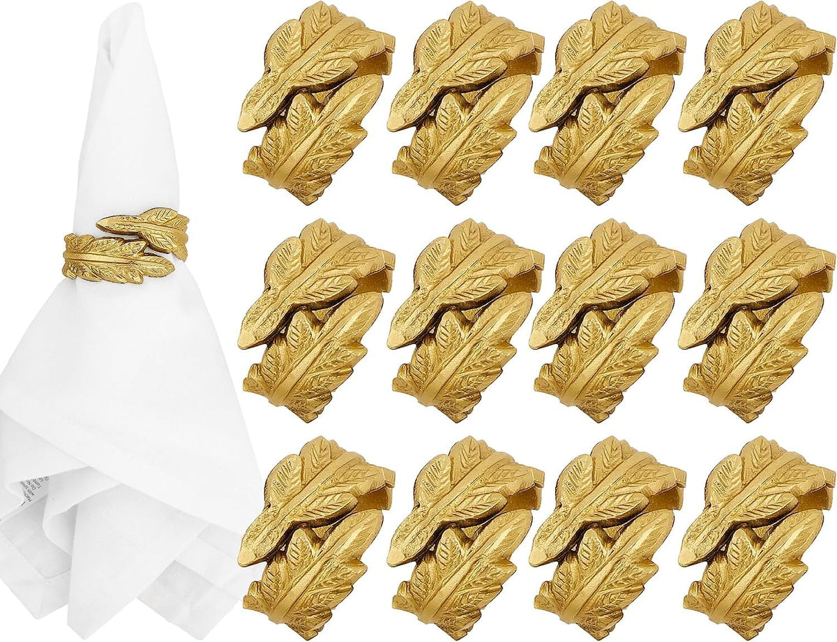 Gold Leaf Napkin Rings Set of 12 - Round Metal Napkin Holders for Dining Table Settings - Elegant
