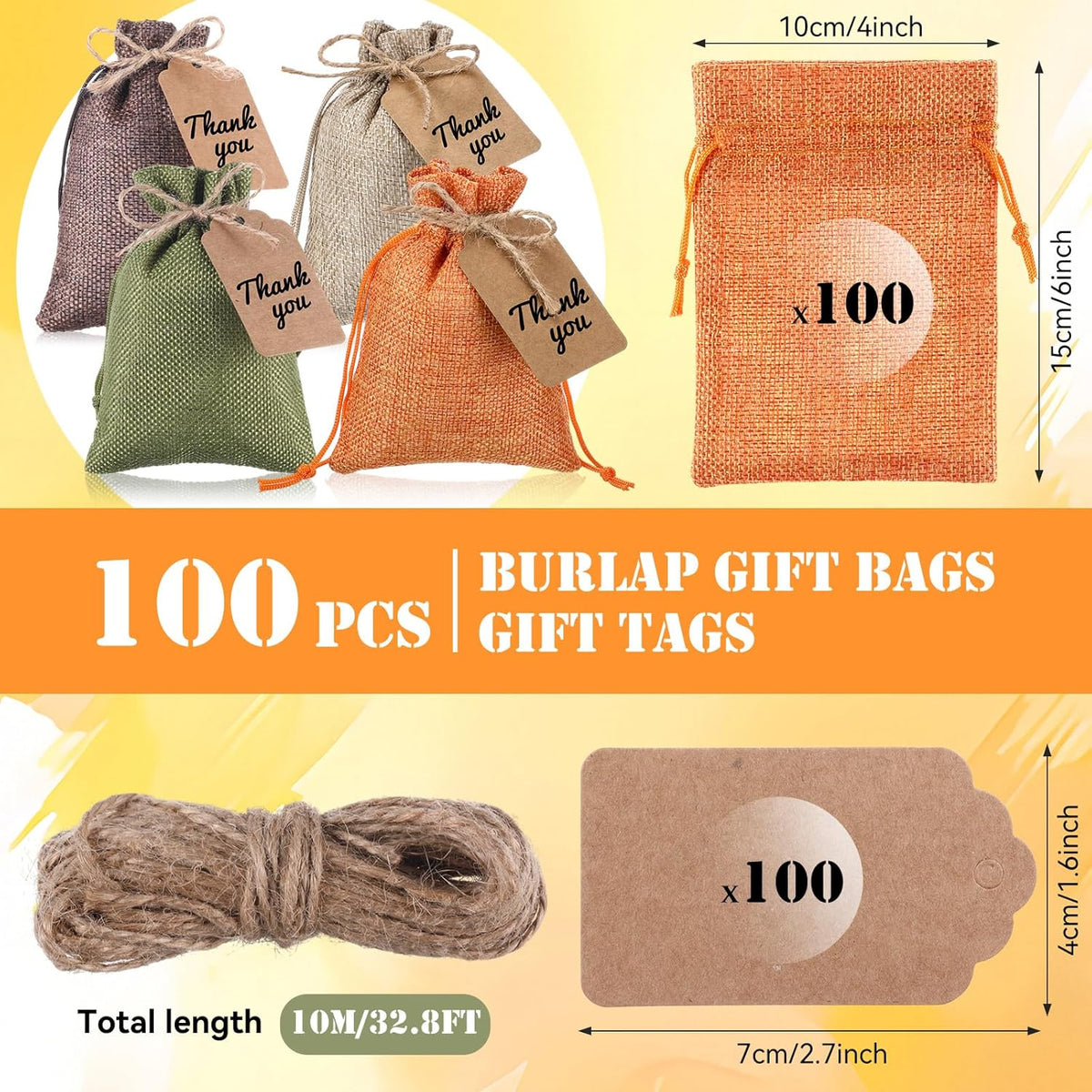 Woanger 100 Pcs Burlap Gift Bags with 100 Pcs Kraft Paper Gift Tags Drawstring Favor Bulk Burlap