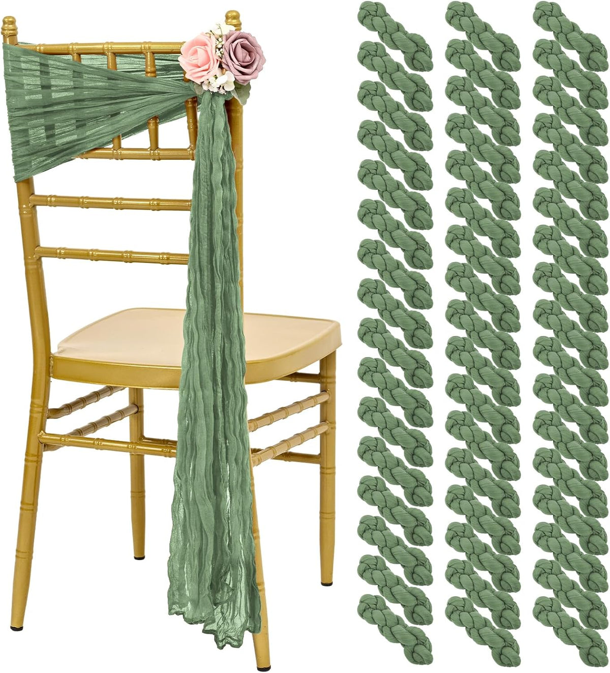 50 PCS Cheesecloth Chair Sashes, Bows Designed ChairSashes, 15.7x108 inch Chair Sashes for Aisle
