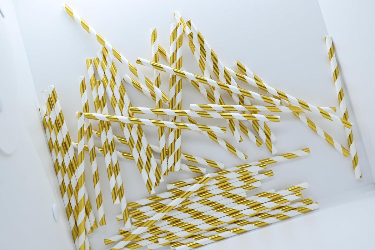 Gold White Stripe Paper Straws - 5.75 Inch Short Paper Drinking Straws, for Birthday, Wedding