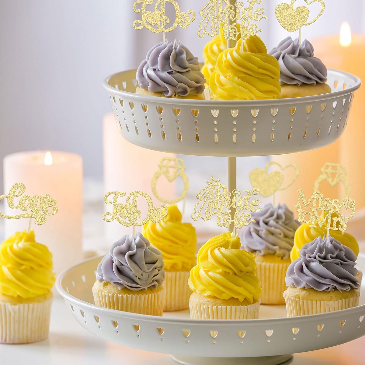 Gyufise 24Pcs Bride to Be Cupcake Toppers Gold Glitter I Do Love Heart Ring Miss To Mrs Cupcake