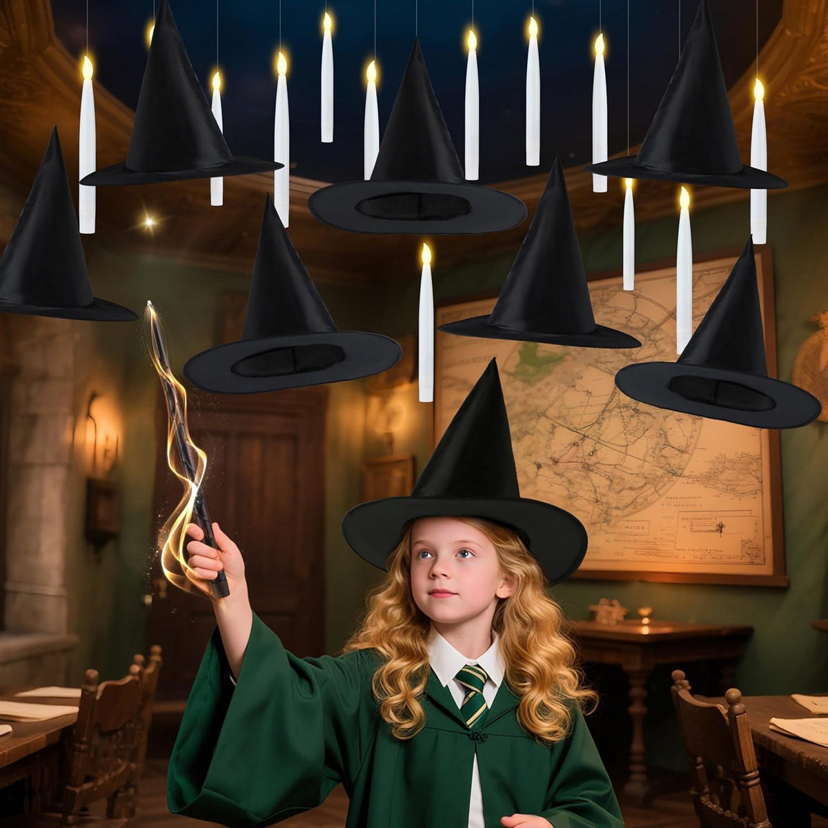 JOYIN 20Pcs Halloween Floating Candles and Witch Hat Light Up with Wand Remote Set Magic Hanging