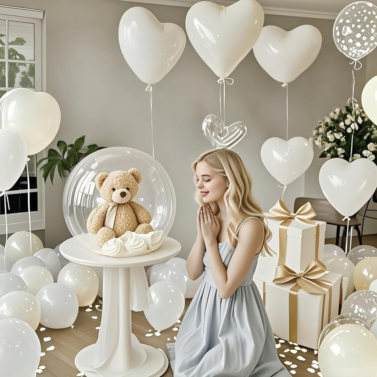 Pearl Balloons Bobo Heart Balloons, 22 18 12 In Pearl White Sand Cream Clear Balloon Bubbles