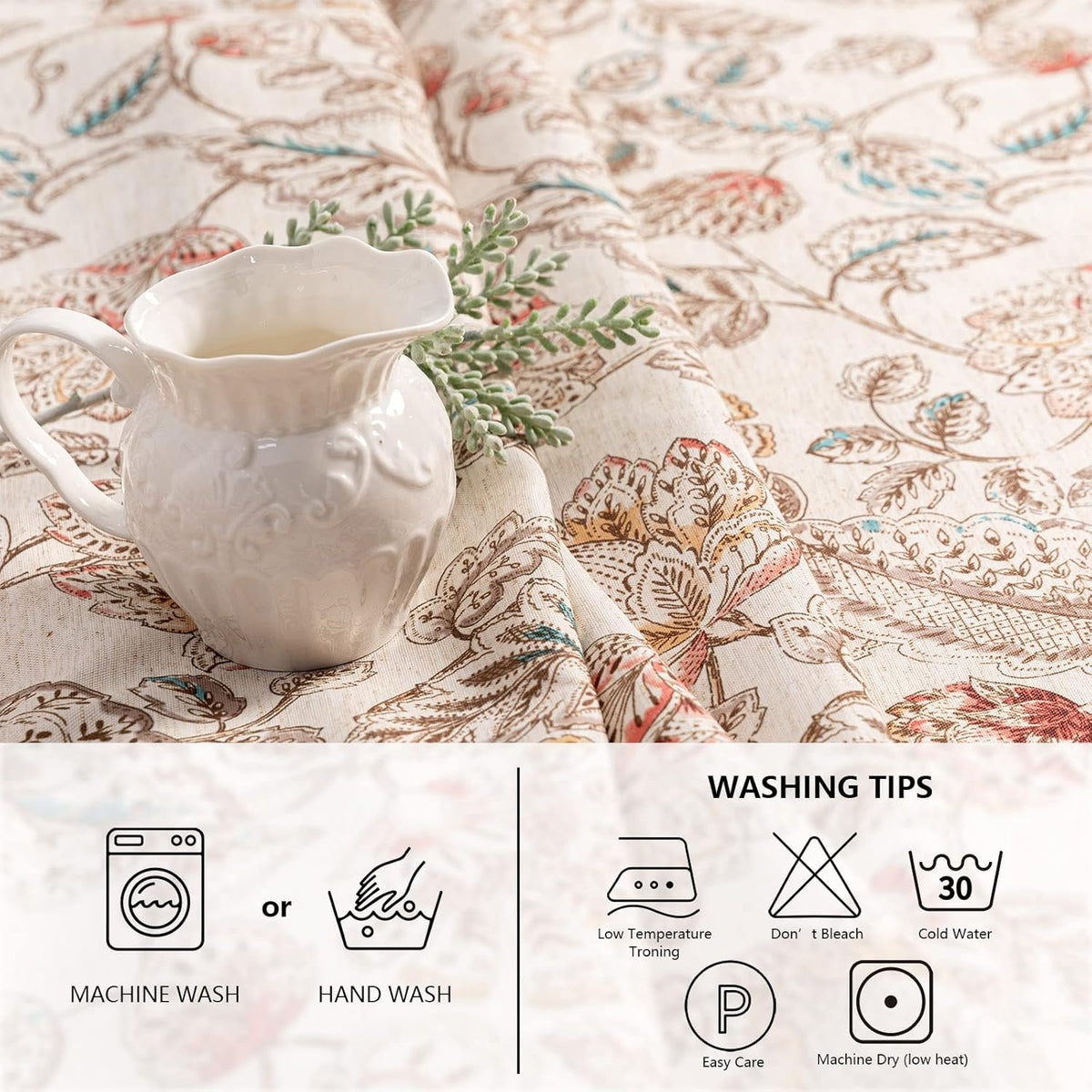 MYSKY HOME Linen Floral Tablecloth Rectangle 60x84 Inch Rustic Tablecloth Spring Summer Waterproof