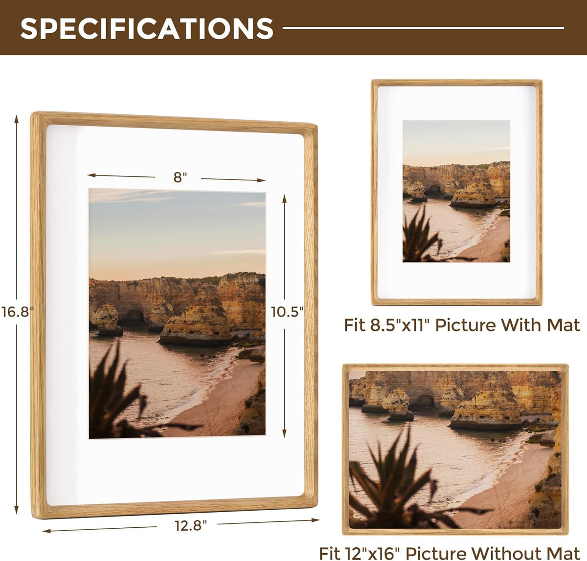 12x16 Frame USA-Sourced Natural Oak Wood Solid Wood Photo Frame Handcrafted Rounded Corner with Mat
