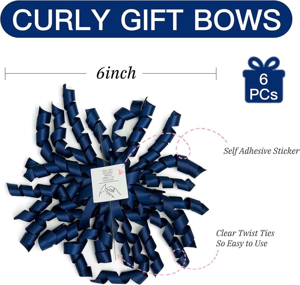 6 Inch Navy Curly Bows for Gift Wrapping Set of 6, Self Adhesive Bows Navy Blue Gift Bows for