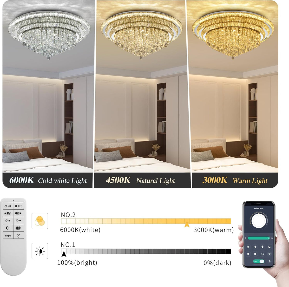 40 inch Crystal Silver Ceiling-Light Flush Mount with Remote Control and APP, 3CCT Dimmable &