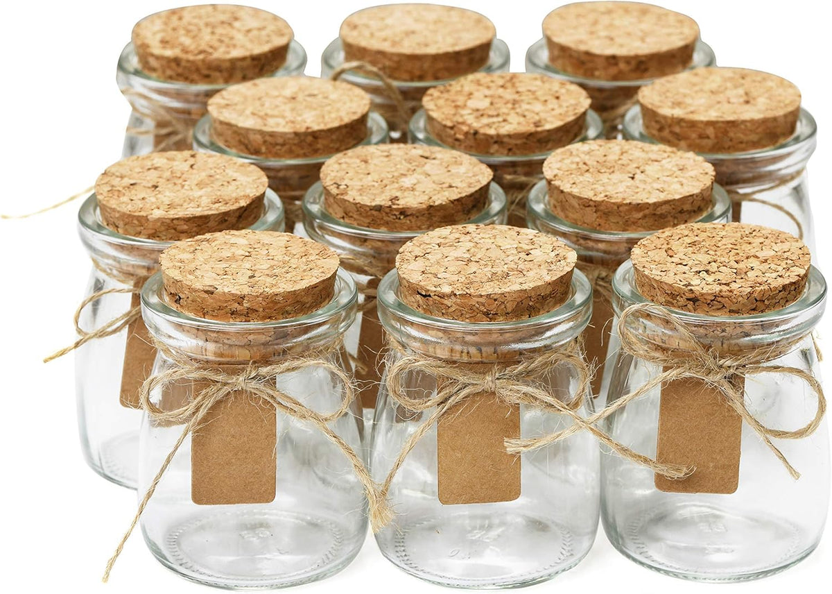 Otis Small Glass Bottles - Mini Jars w/Cork Stoppers - Round 100ml Mason Jars for Crafts, Candle