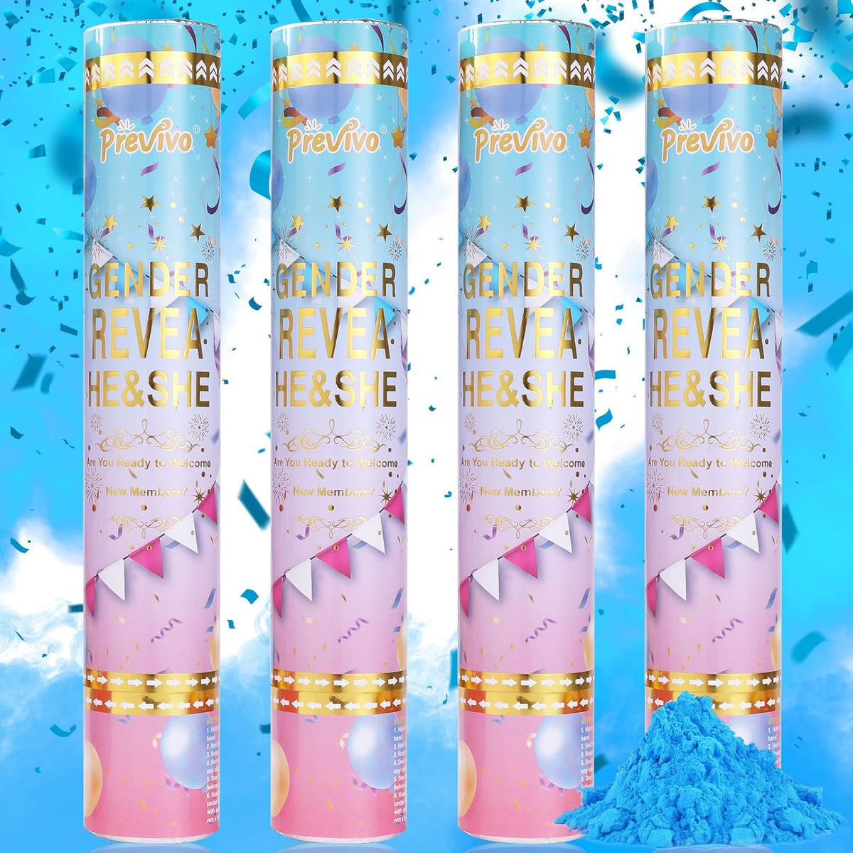 Previvo Gender Reveal Confetti Powder Cannon - 4 Pack Blue Baby Gender Reveal Poppers - 100%