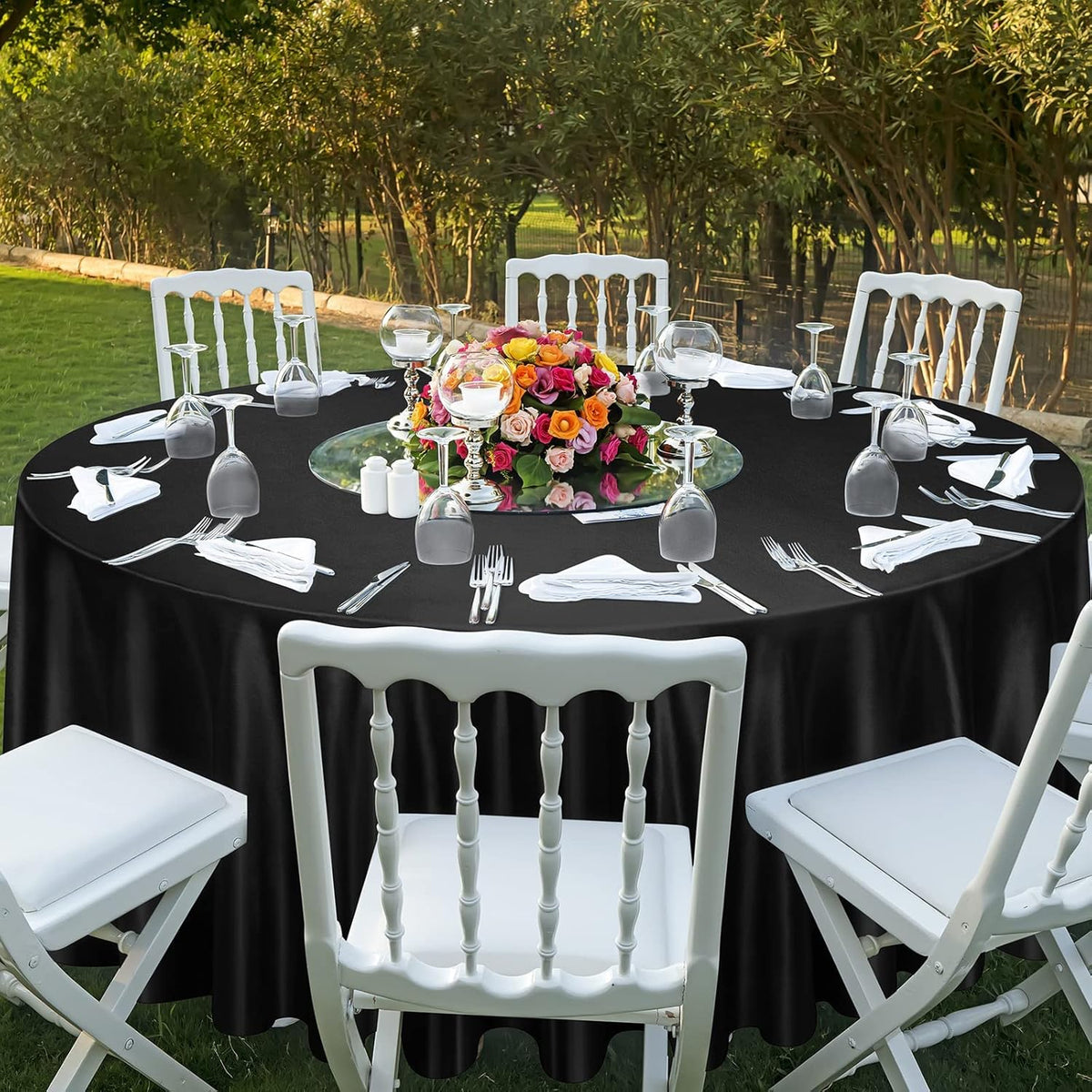 Ruisita 120 Inches Round Satin Tablecloths Black Overlay Round Satin Table Cover Bright Silk