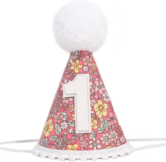 WAUAO Floral 1st Birthday Hat - Colorful Flower Cone Hat for Girls & Boys, First Birthday Crown