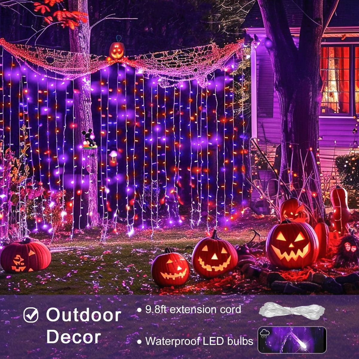 JMEXSUSS 300LED Orange and Purple Halloween Curtain Lights with Remote, 9.8x9.8ft Window Twinkle