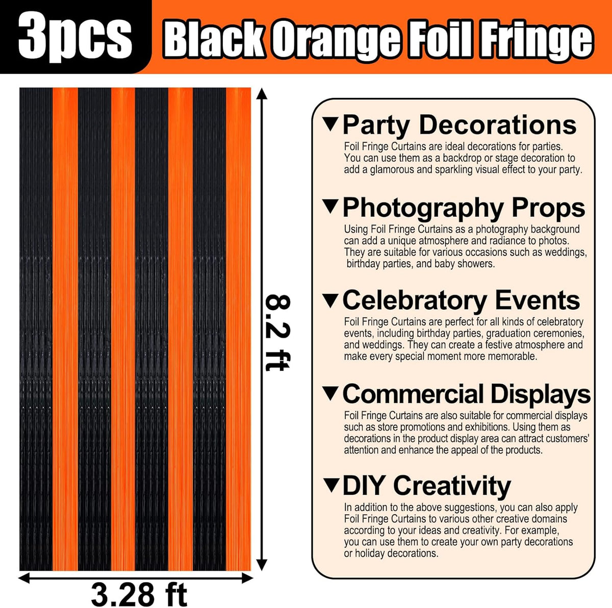 3 Pack Black Orange Foil Fringe Curtain Backdrop, 3.28Ft x 8.2Ft Metallic Tinsel Foil Fringe
