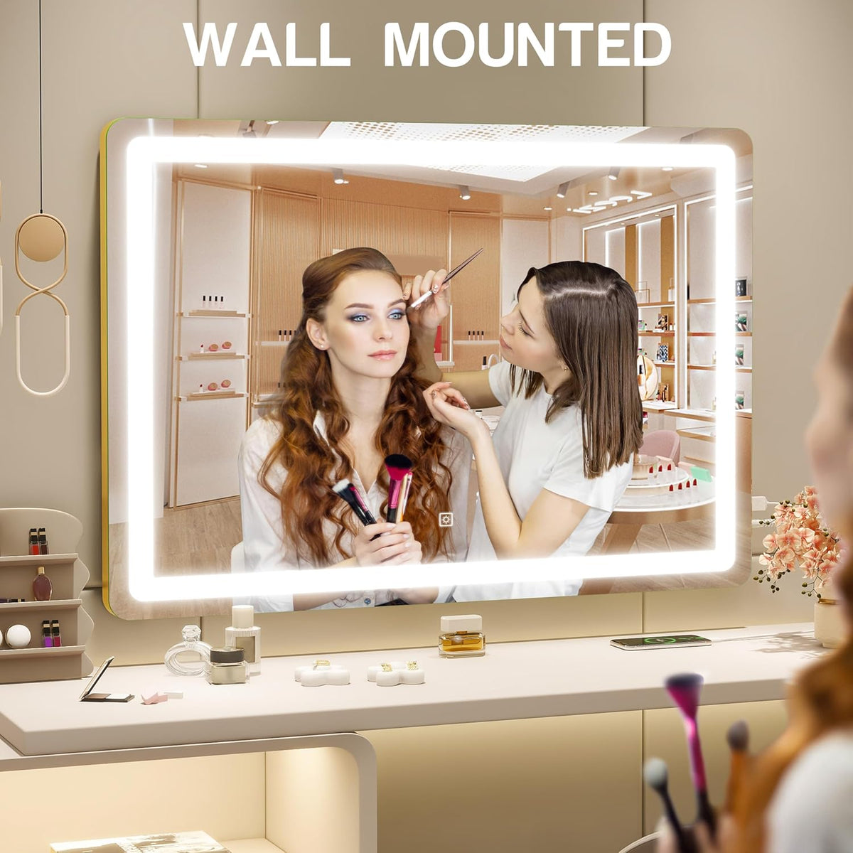 Gold Vanity Mirror with Lights, 32" x 22" Large Lighted Vanity Mirror with Dimmable 3 Modes, LED