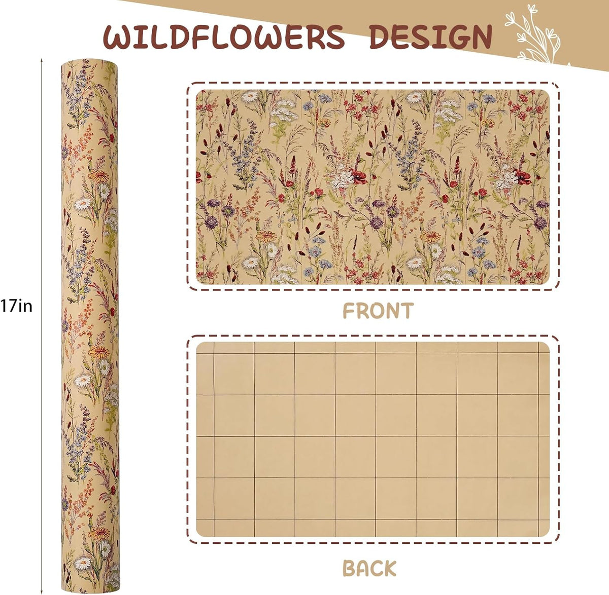 Tyzarglef Wild Flower Wrapping Paper Roll, 17 Inches x 32.8 Feet Kraft Floral Design Wrapping Paper