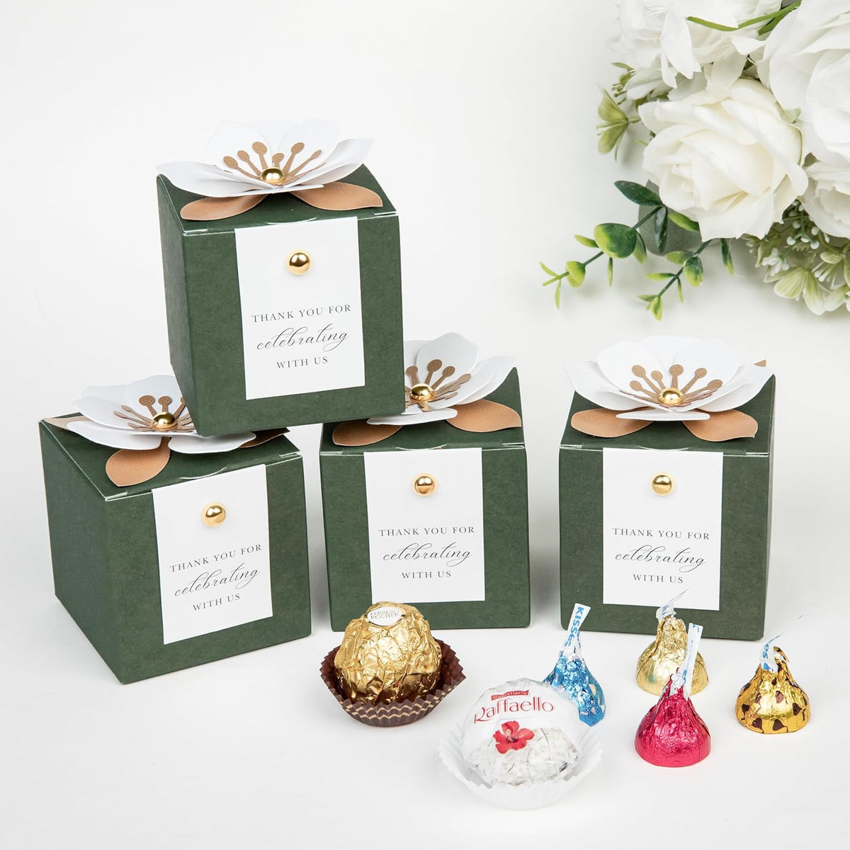FEIYI 20 PCS Candy Boxes, 3 In 1 Olive Green Favor Boxes with Floral Decor, White Thank You Tags