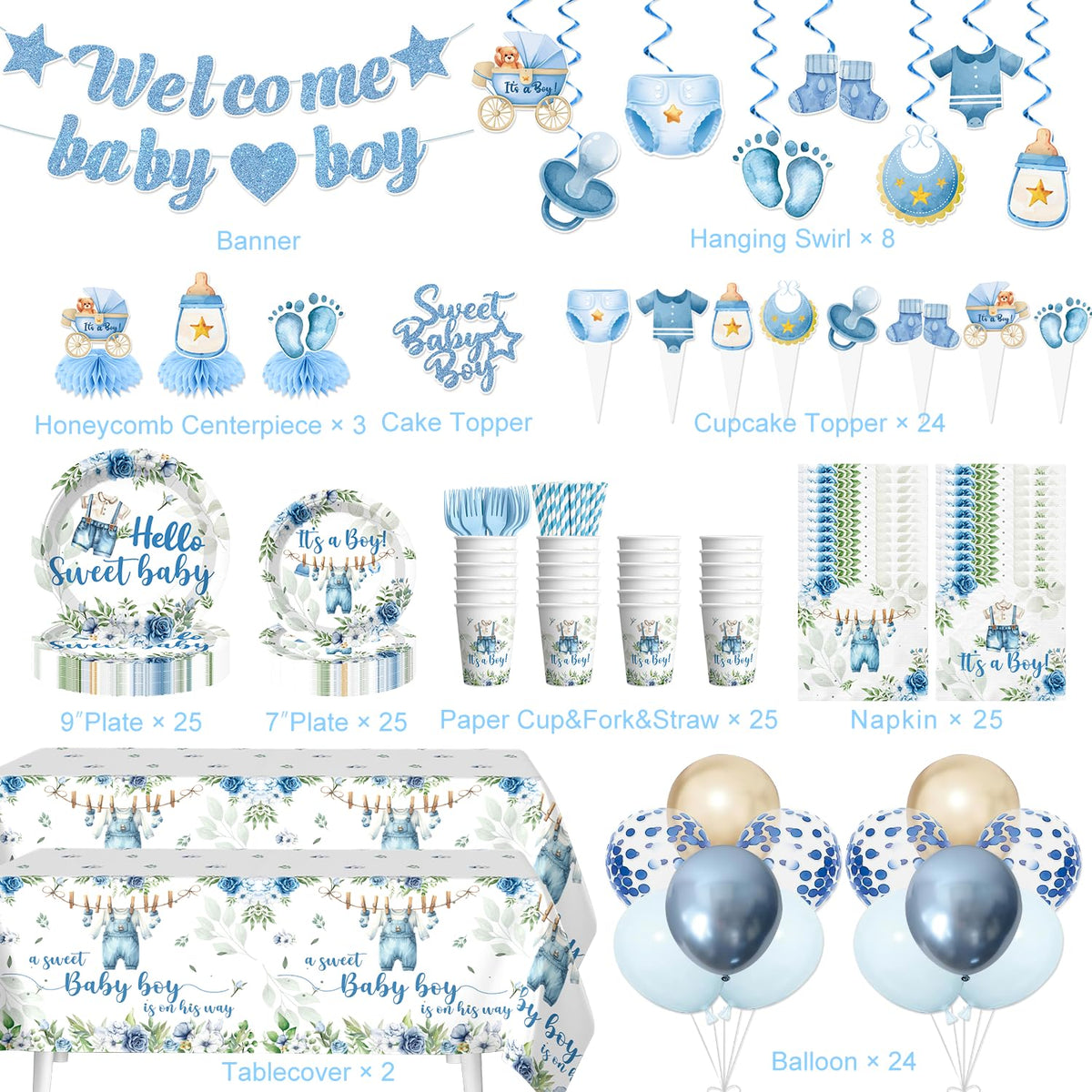 213Pcs Cocomigo Blue Baby Boy Shower Decorations Tableware Set, Serves 25