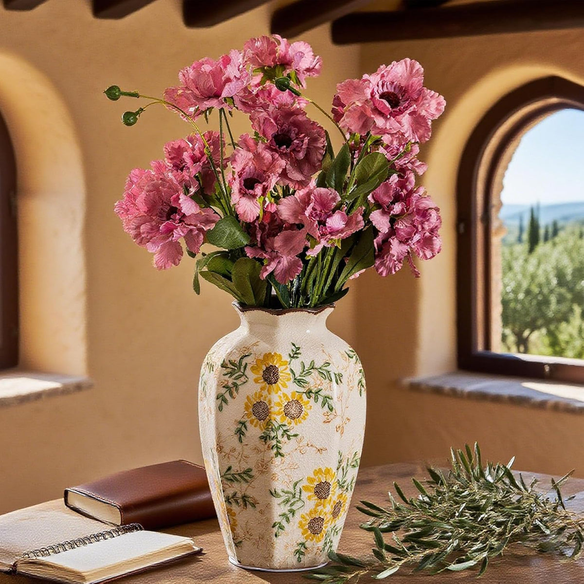 Hand-Painted Sunflower Vintage Ceramic Octagonal Vase, Green Yellow Beige Flower Vases for Bouquet