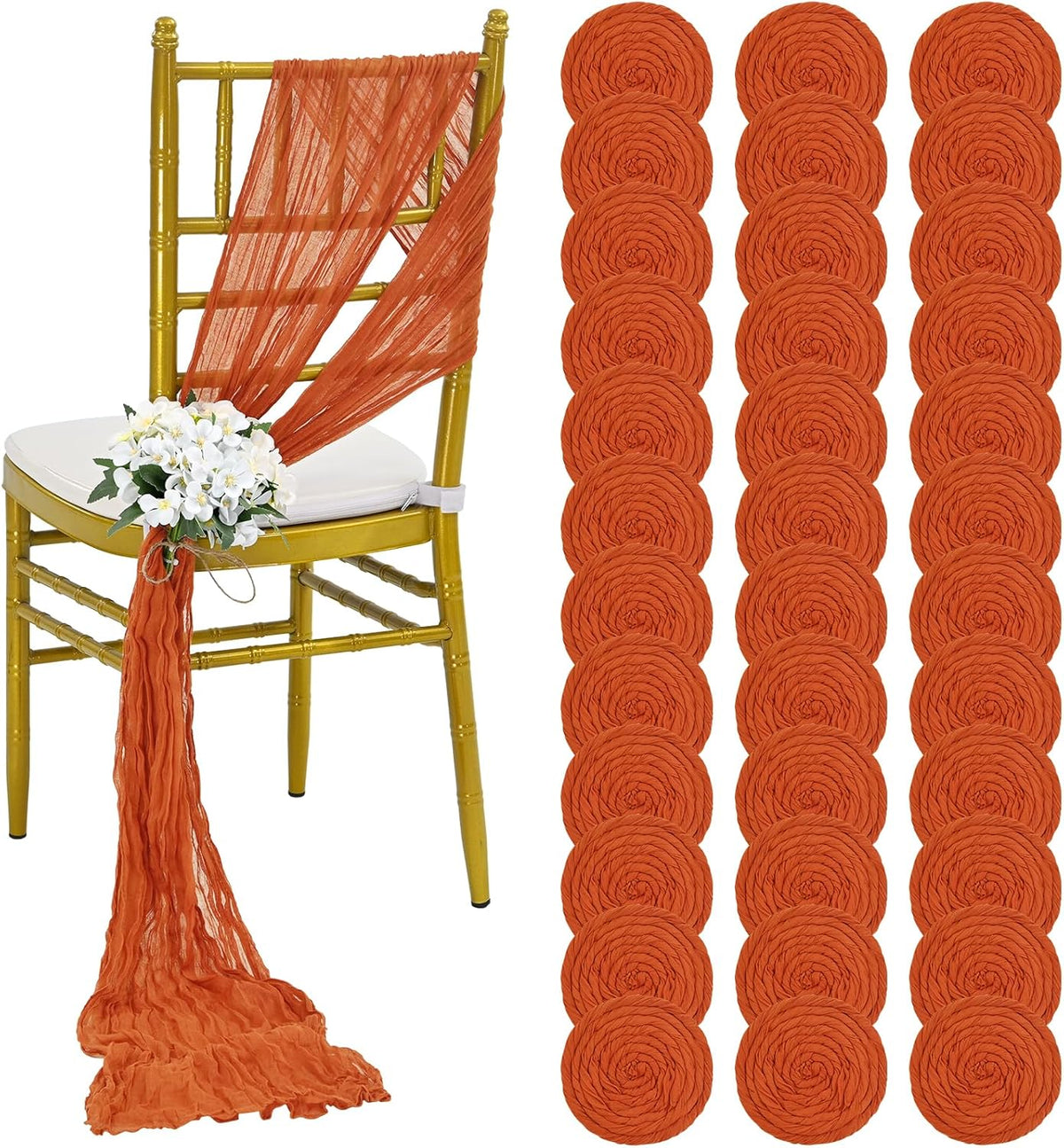 36 Pcs Burnt Orange Cheesecloth Chair Sashes, 16 x 108 inch Gauze Fabric Washable Chair Sashes Bows