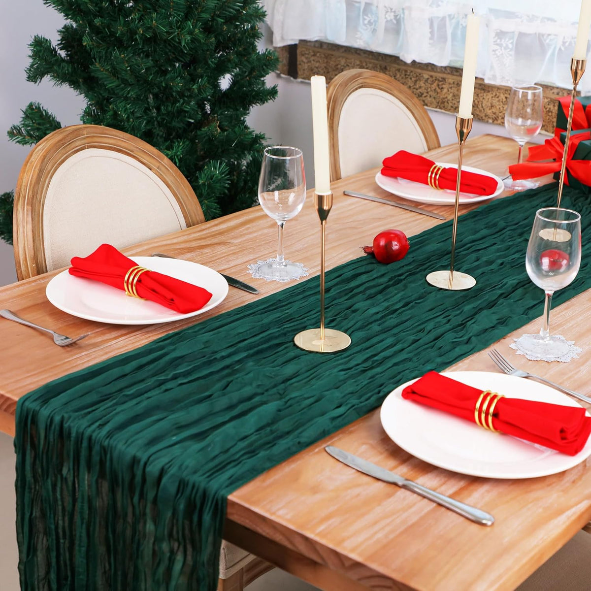 Snowkingdom Emerald Green Table Runner 120 Inch 10 Ft Rustic Boho Dark Green Cheese Cloth Runner