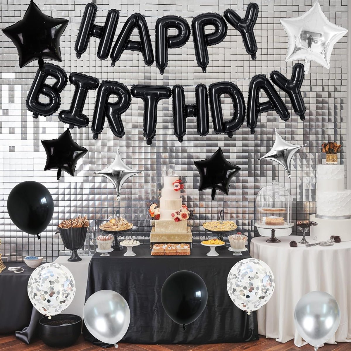 Happy Birthday Balloon Banner Black Silver, 16 Inch Mylar Foil Letter Balloons, Reusable Birthday