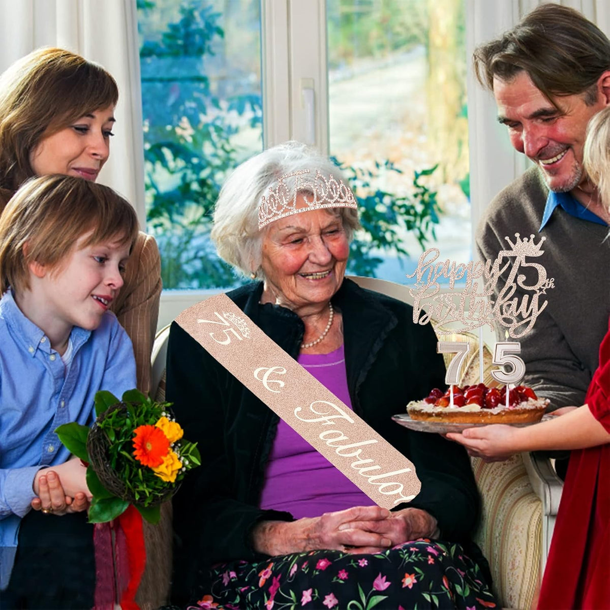 75th Birthday Decorations for Women Including Sash, Crown/Tiara, Candles and Cake Topper, Rose Gold