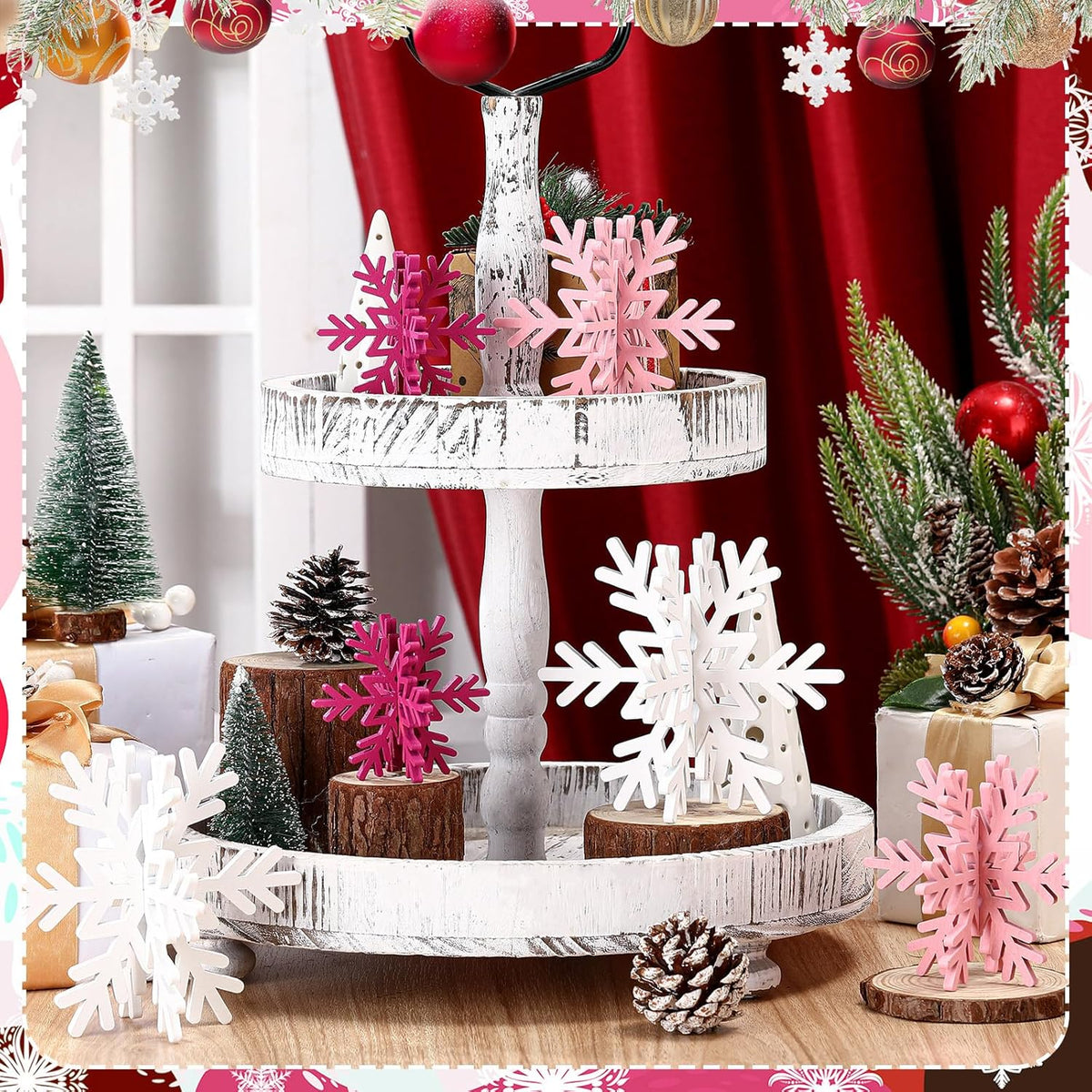 Bucherry 12 Pcs Wooden Snowflake Table Decor 3D Snowflake Tabletop Signs and Centerpiece for