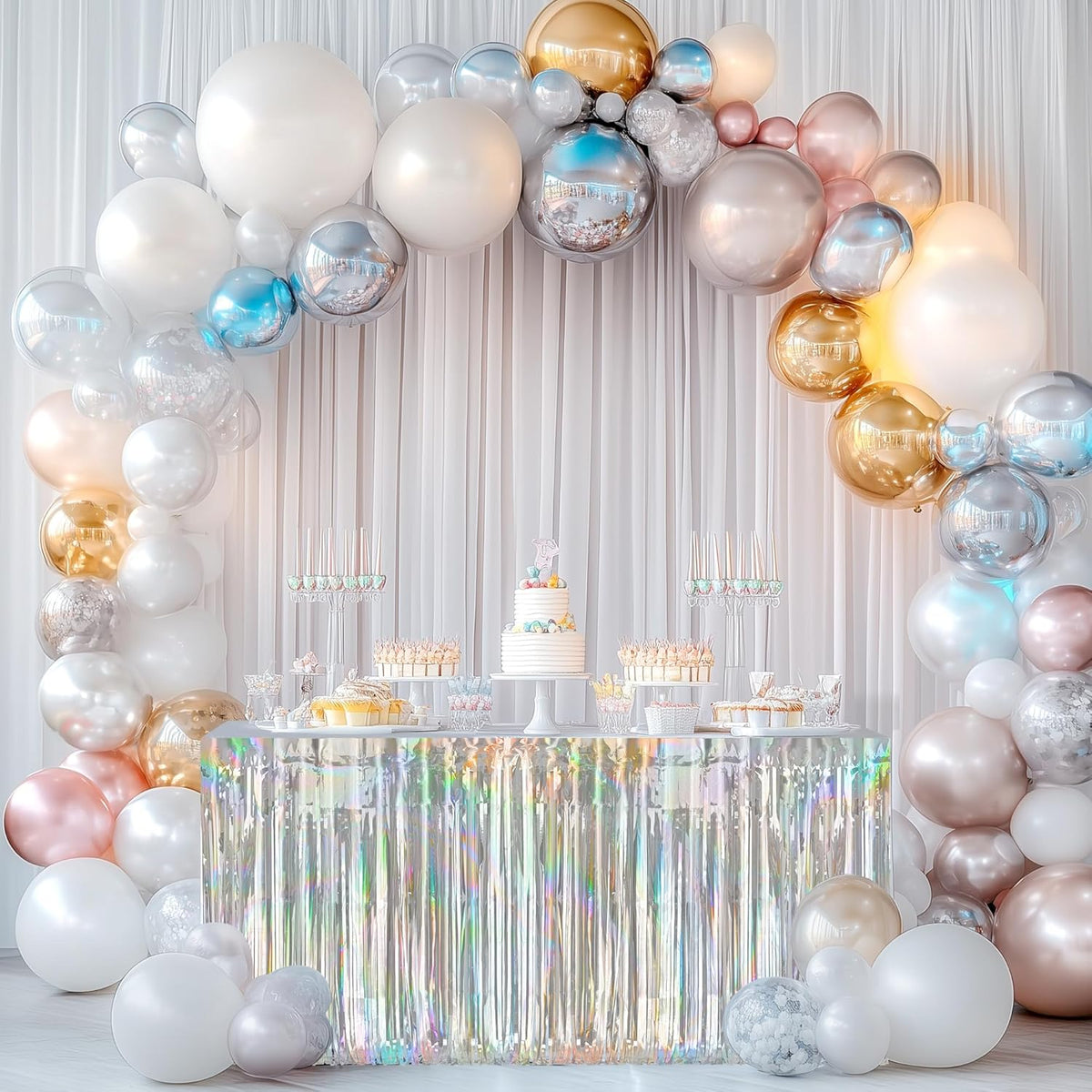 2 Pack Laser Silver Table Skirts, 29x108" Metallic Foil Tinsel Fringe Table Skirts for Rectangle