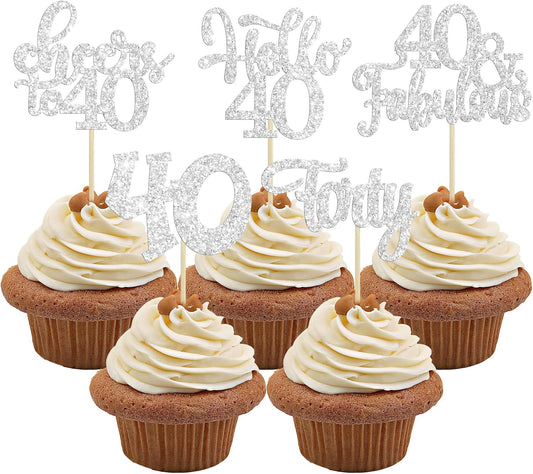 30pcs Happy 40th Birthday Cupcake Toppers - Silver Glitter Forty Cheers to 40 Years Old Cupcake