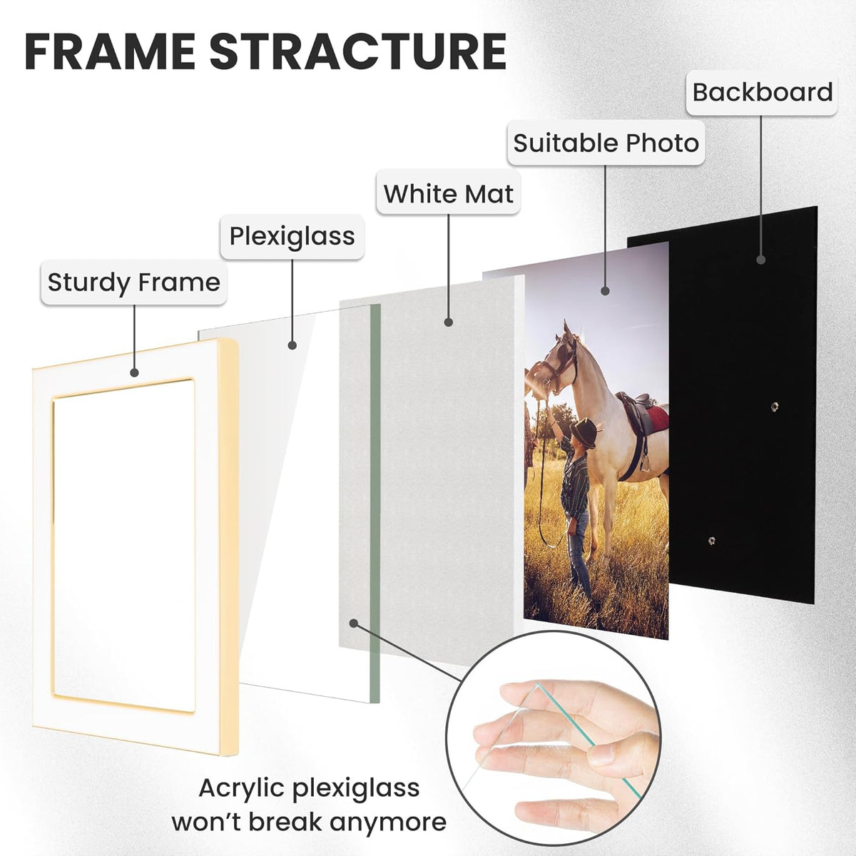 Fun Memories 4x6 Picture Frame - 1pcs White Enamel Glass Photo Frame with Gold Metal Edge & Easel