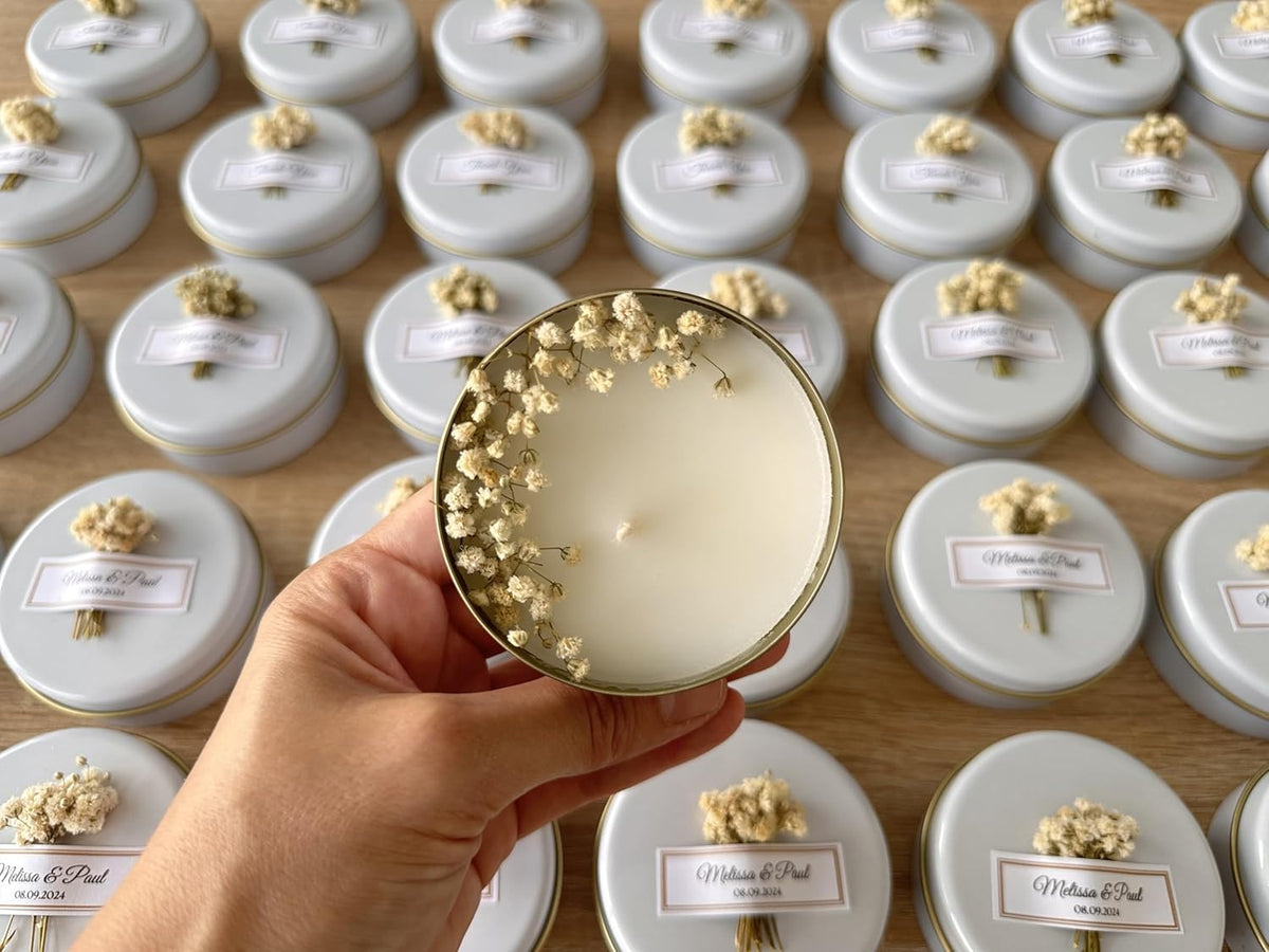 Scented Soy Wax Candle Favors with Dried Flowers - Personalized for Weddings, Bridal Showers, Baby