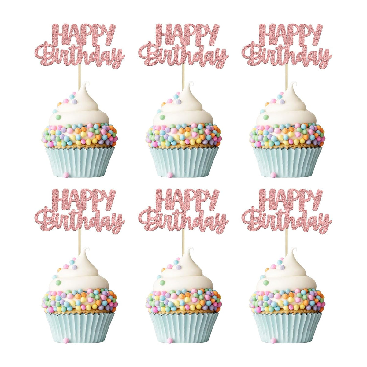 Gyufise 24Pcs Happy Birthday Cupcake Toppers Rose Gold Glitter Birthday Cake Picks for Celebrating
