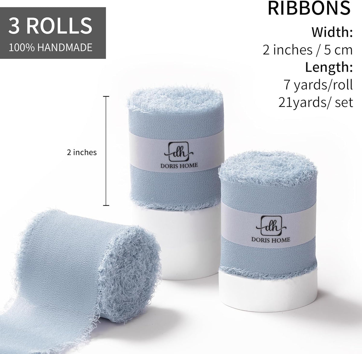 DORIS HOME Dusty Blue Chiffon Ribbon for Flower Bouquet, 2" x21Yd Fabric Ribbon for Gift Wrapping