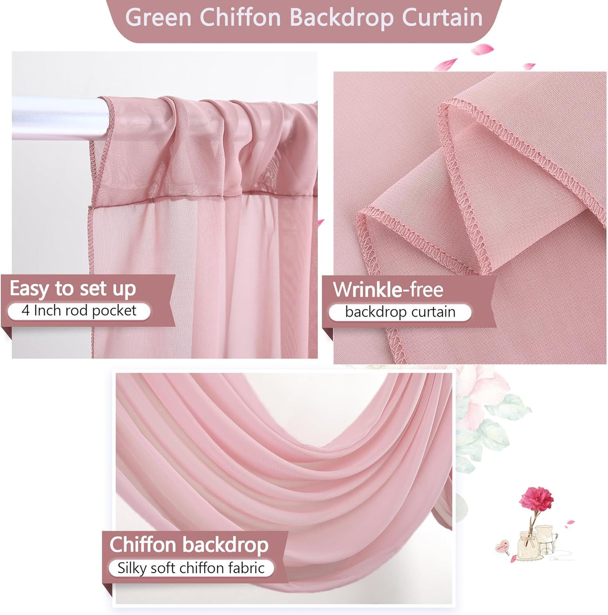 PARTISKY 10ftx10ft Dusty Rose Chiffon Sheer Backdrop Curtains, Wrinkle-Free Wedding Backdrop Drapes