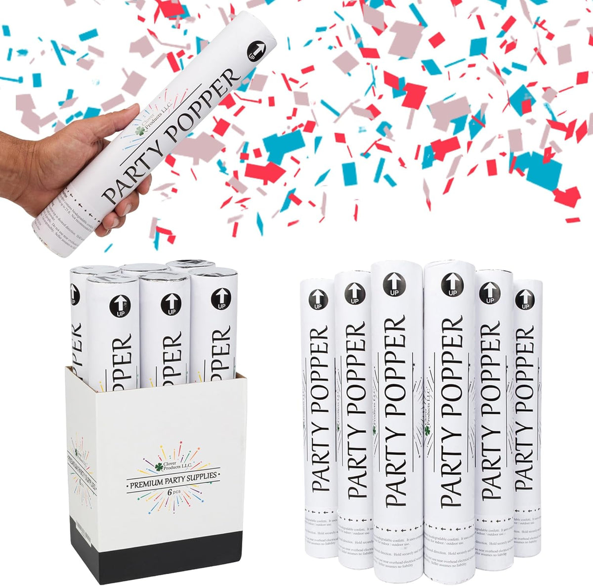 Clover Products Confetti Cannons 6-Pack – Biodegradable Red, White & Blue Party Poppers Launch 25