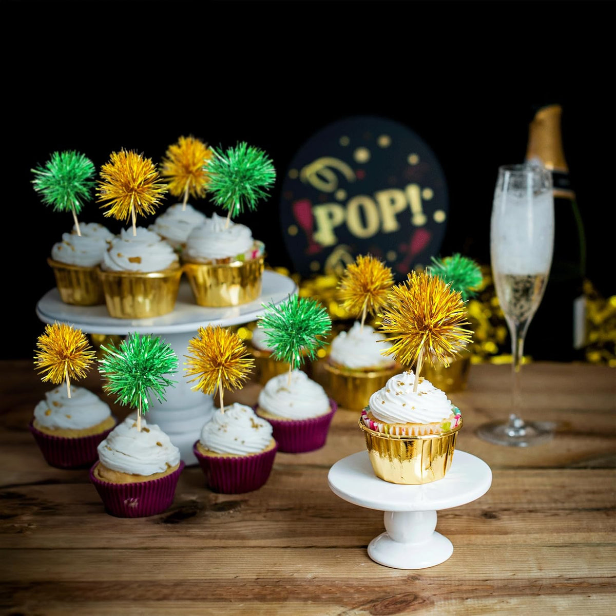 Gyufise 30Pcs Foil Firework Cupcake Toppers Sparkle Tinsel Cake Toppers Tinsel Drink Cake