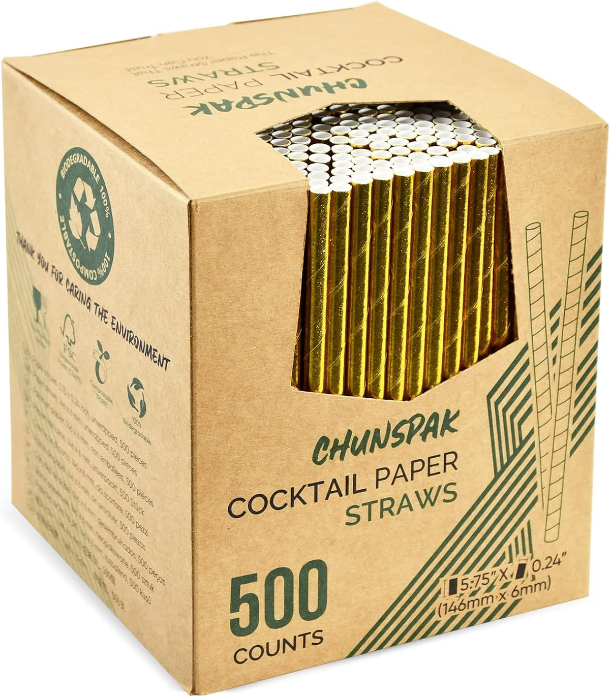 5.75 Inch Disposable Short Gold Paper Straws & Stirrers, Sipping Stir Sticks (500 Counts) - for