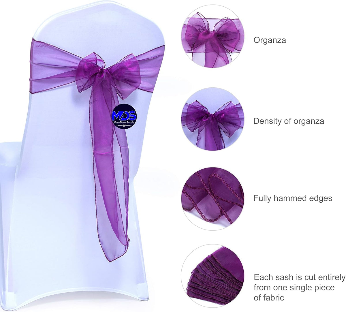 MDS Pack of 25 PCS Organza Chair Sashes Wider Dining Chair Bows Ribbon Tie Back for Wedding Party