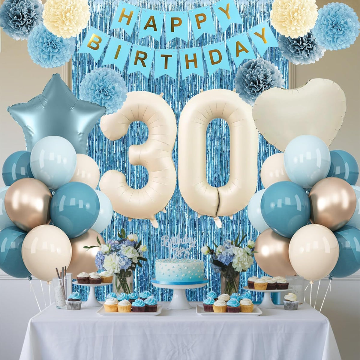 Dusty Blue 30th Birthday Party Decorations for Her Him Beige Cream Number 30 Balloon with Blue Gold