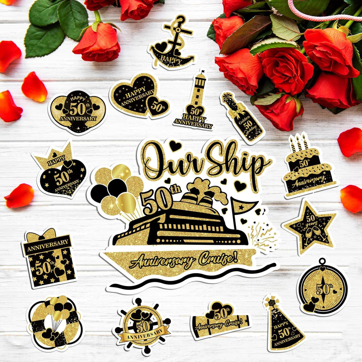 50th Anniversary Cruise Door Magnets Decorations, Gold Black Happy 50th Anniversary Cruise Ship