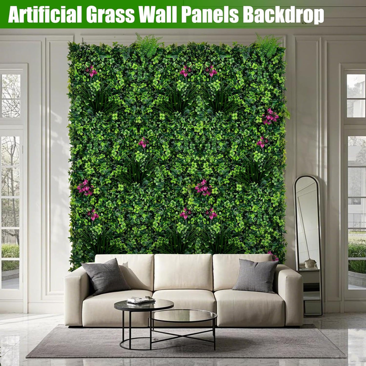 Artificial Grass Wall Panels, 20"x20" 16pcs Grass Backdrop Wall with Mint Plant Leaves, UV-Anti