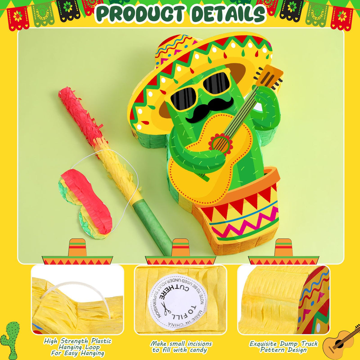 Harrycle Cactus Piñata for Cinco De Mayo Mayo Sombrero Party Hats Mexican Fiesta Decorations with