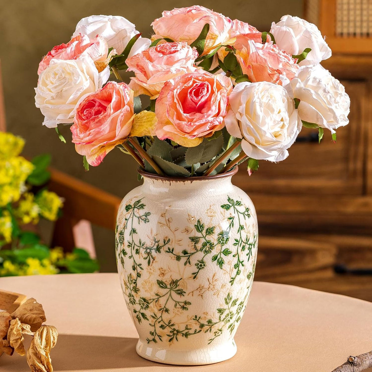 Vintage Green and Beige Vase, Round Ceramic Floral Vases, Retro Ice Cracked Chinoiserie Vase for