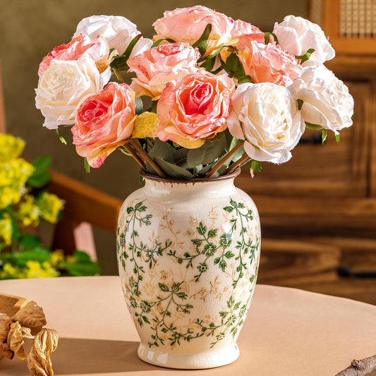 Vintage Green and Beige Vase, Round Ceramic Floral Vases, Retro Ice Cracked Chinoiserie Vase for