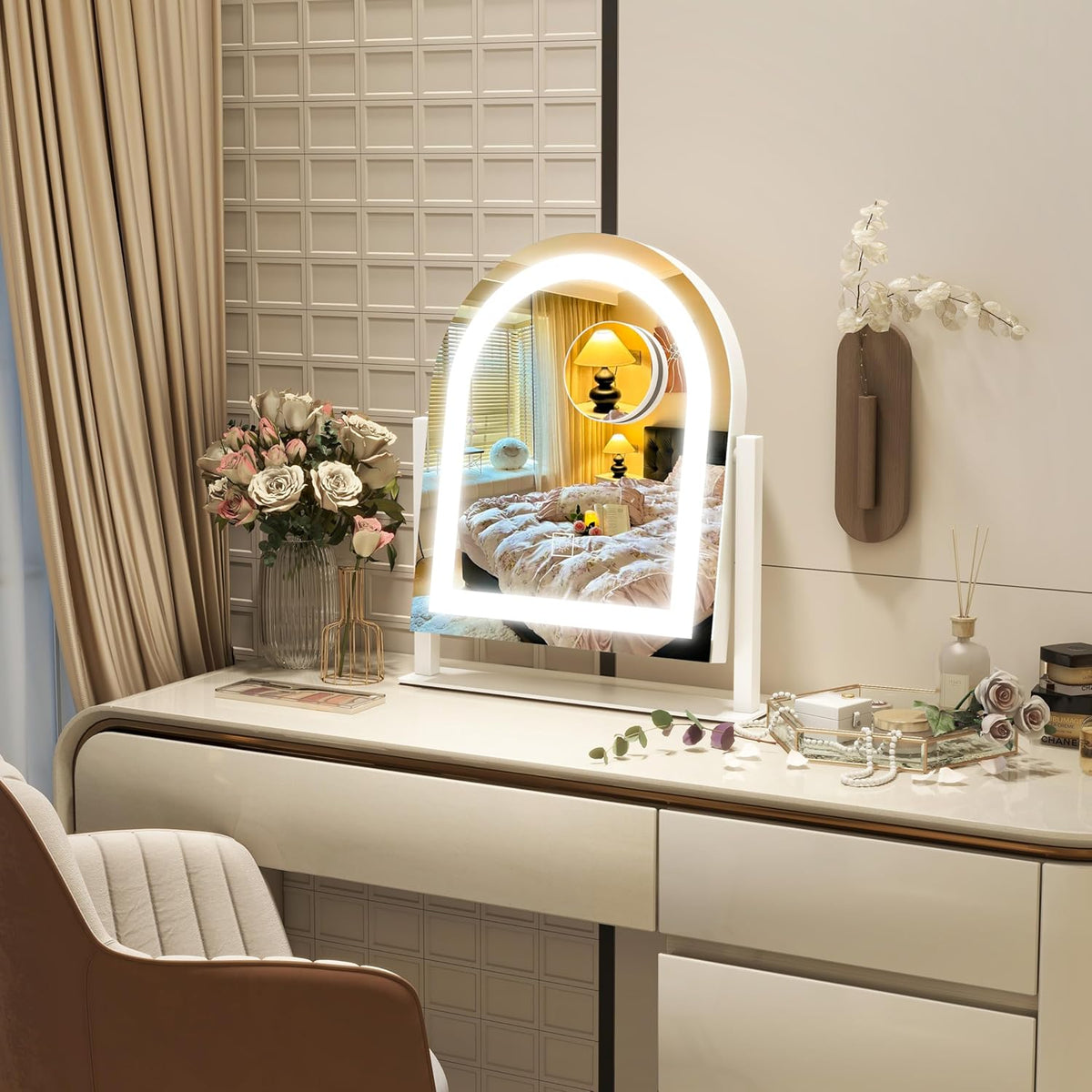 Lighted Makeup Mirror with 3-Color Dimmable Lighting, with Removable 10x Magnifier, Smart Touch
