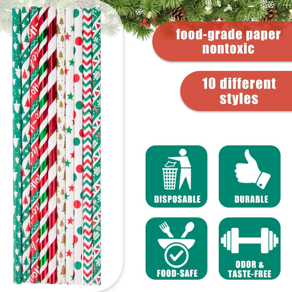 HANSGO Christmas Paper Straws, 180PCS Christmas Drinking Straws Striped Decorative Straws Bulk for