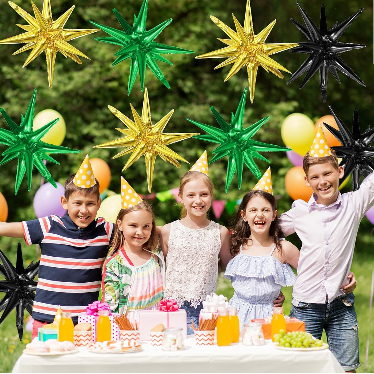 Black Green Gold Star Balloons,9Pcs 22Inch Black Green Gold Explosion Spike Cone Helium Polyester