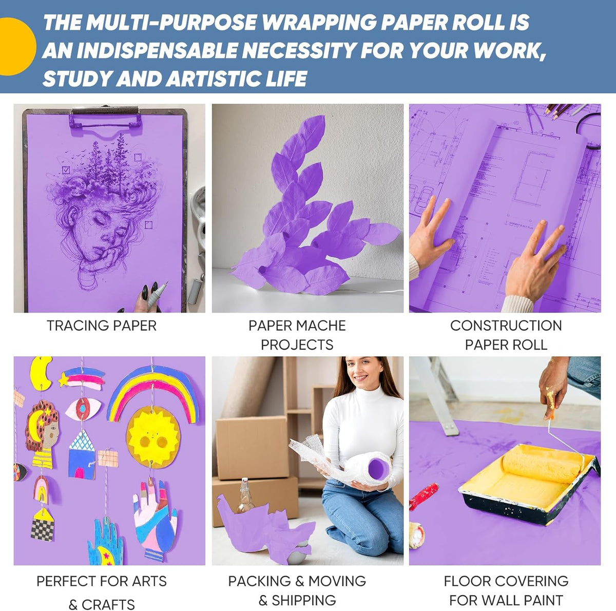 Purple Wrapping Paper, 15"x900" (75FT) Art Craft Construction Bulletin Board Decorative Paper Roll